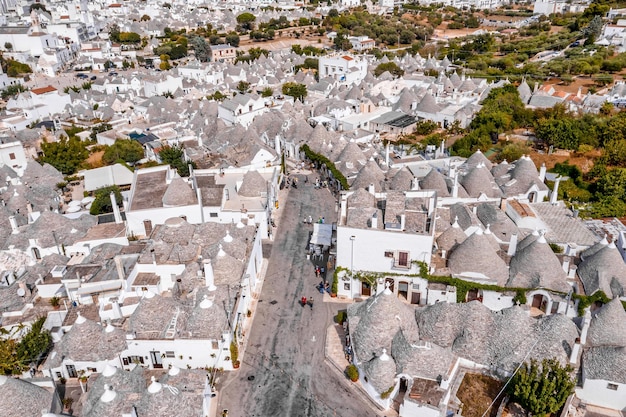 Aerial view of the traditional trulli houses in Arbelobello, province Bari, region Puglia, Italy