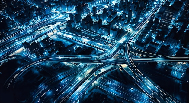 An aerial view of traffic highways buildings and streets