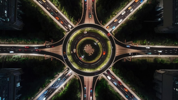 Aerial view of traffic in roundabout and highway at night