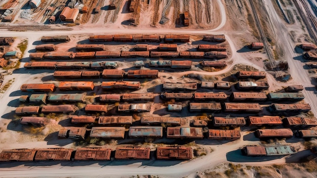 Aerial view of a train cemetery in Uyuni Bolivia