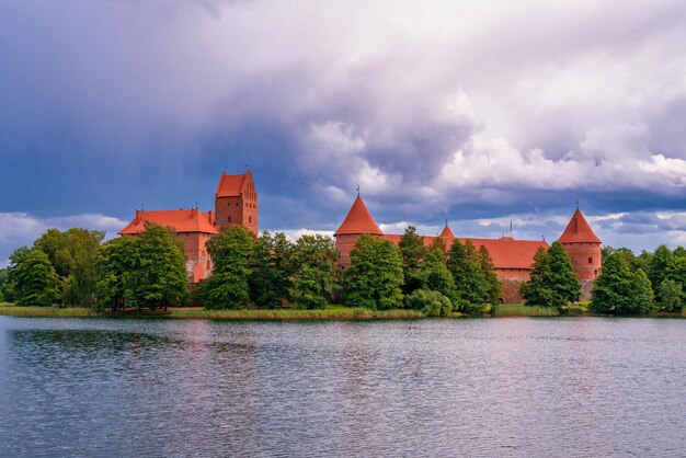 Aerial view of Trakai, over medieval gothic Island castle in Galve lake. Flat lay of the most beautiful Lithuanian landmark. Trakai Island Castle, most popular tourist destination in Lithuania