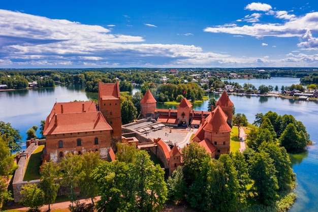 Aerial view of Trakai, over medieval gothic Island castle in Galve lake. Flat lay of the most beautiful Lithuanian landmark. Trakai Island Castle, most popular tourist destination in Lithuania