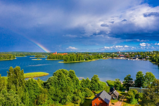 Aerial view of Trakai, over medieval gothic Island castle in Galve lake. Flat lay of the most beautiful Lithuanian landmark. Trakai Island Castle, most popular tourist destination in Lithuania