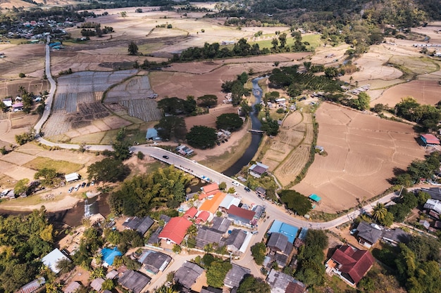 Aerial view of tranquil local village with the bridge and river flowing through and rice plantation on dry season in countryside at Muang Kong Chiang Dao Thailand