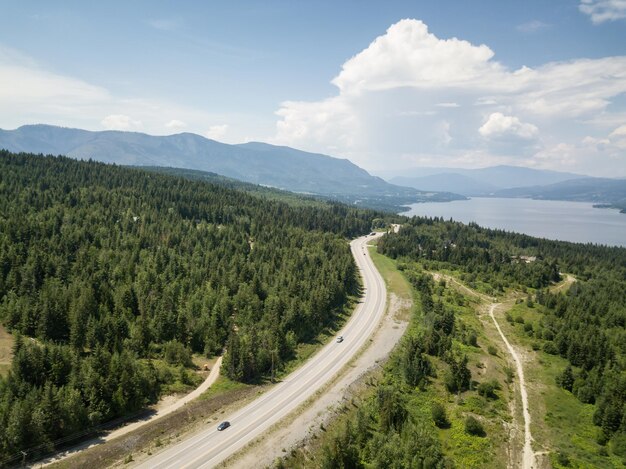 Aerial view of TransCanada Highway in the Canadian Mountain Landscape