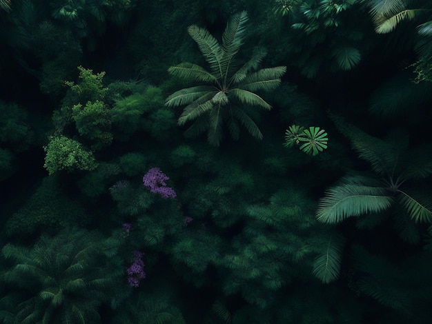 Aerial view of a tropical forest with a green tree and purple leaves