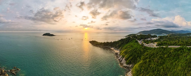 Aerial view of tropical island at sunset