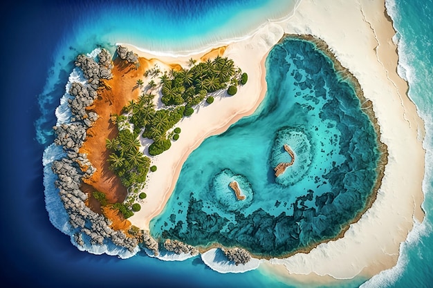 Aerial view of a tropical island Tropical island palm tree beach from above