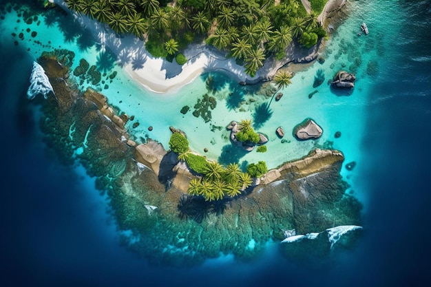 Aerial view of a tropical island with a beach and tropical island in the water.