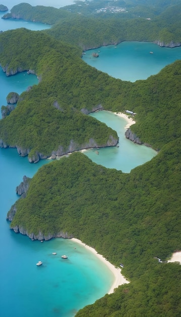 an aerial view of a tropical island with green trees and blue water Generative AI