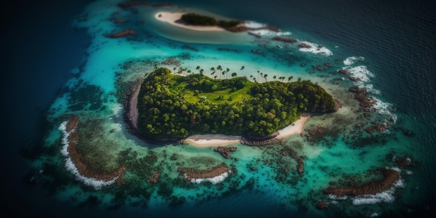 An aerial view of a tropical island with trees on it.