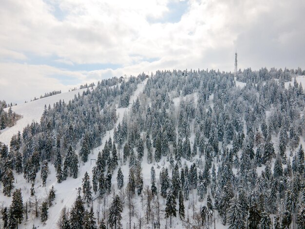 Aerial view of trostyan ski mountain in ukraine carpathian mountain copy space