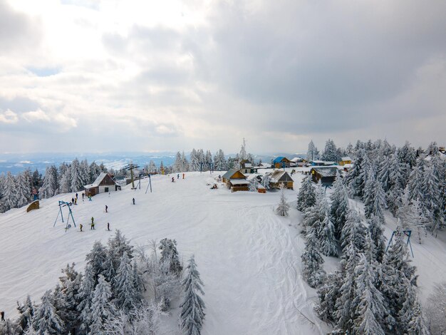 Aerial view of trostyan ski mountain in ukraine carpathian mountain copy space