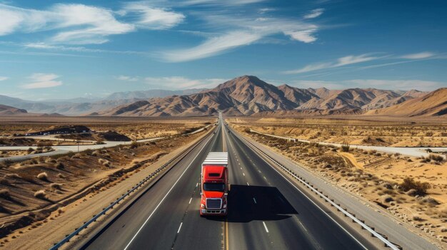 Aerial view of truck driving on empty road around mountain landscape global logistics and supply