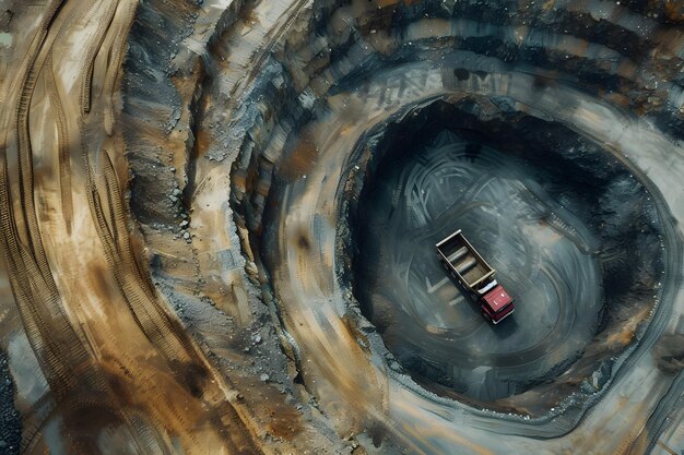 Photo aerial view of a truck driving through a coal pit