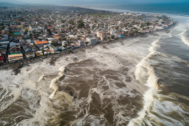 Foto vista aerea dello tsunami che provoca distruzione e inondazioni diffuse nella città costiera
