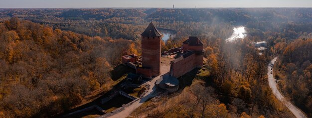 Aerial view of tthe Sigulda city in Latvia during golden autumn