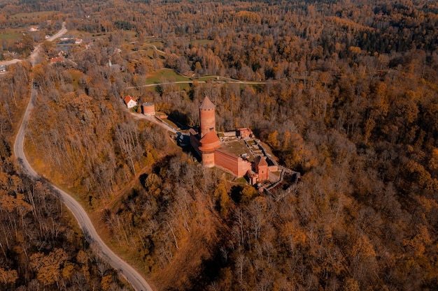 Aerial view of tthe Sigulda city in Latvia during golden autumn