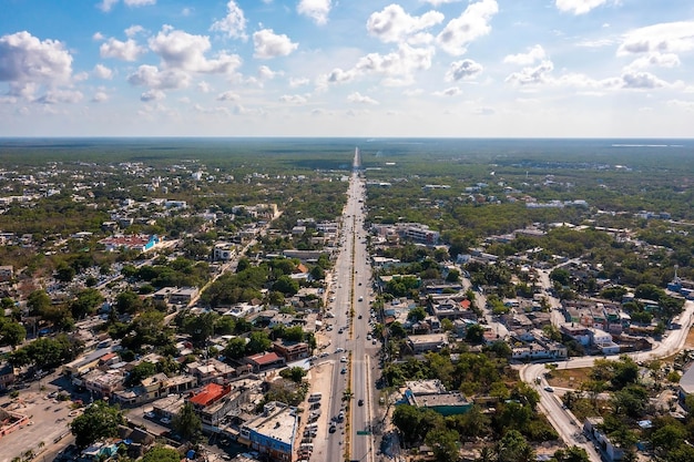 Aerial view of the Tulum town from above. Small Mexican village near Cancun.