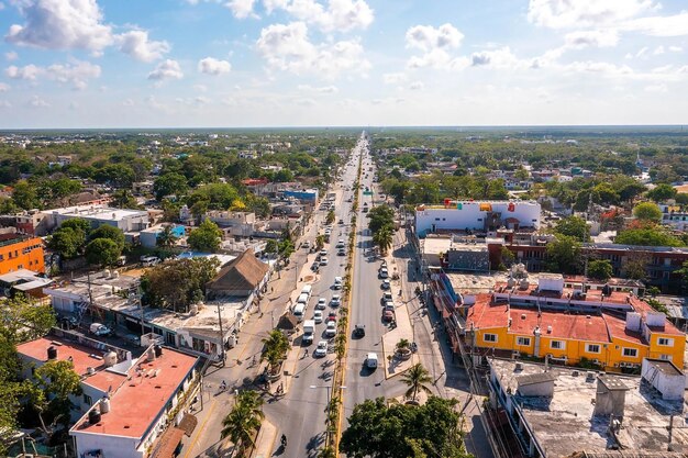 Aerial view of the Tulum town from above Small Mexican village