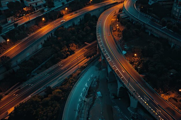 Photo aerial view of tunnel road at night with worm lights in grao valencia spain