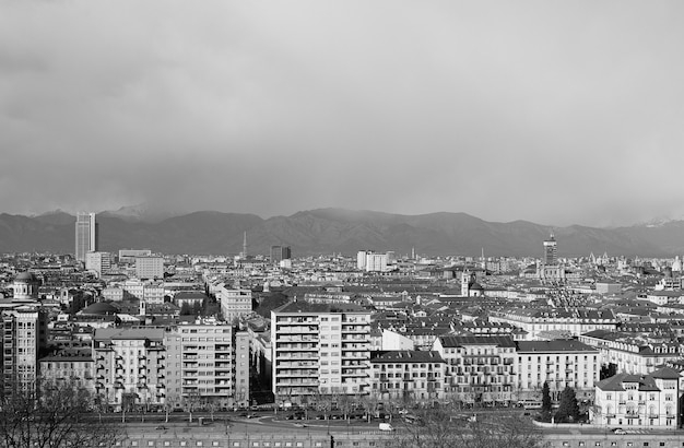 Aerial view of Turin in black and white