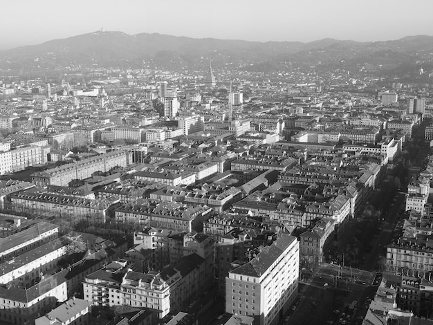 Aerial view of Turin in black and white