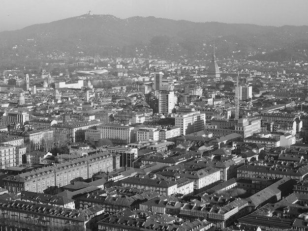 Aerial view of Turin in black and white