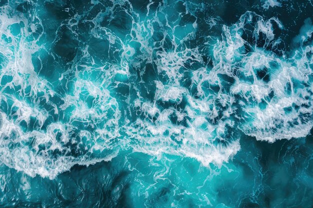 Aerial view of turquoise ocean water with splashes and foam