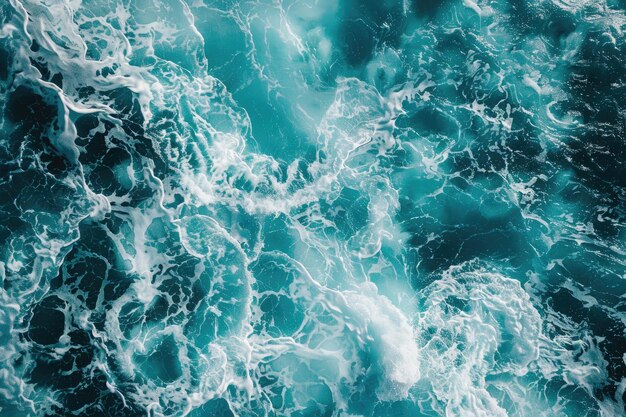 Aerial view of turquoise ocean water with splashes and foam