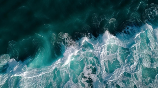 An aerial view of a turquoise sea with waves crashing on the surface.