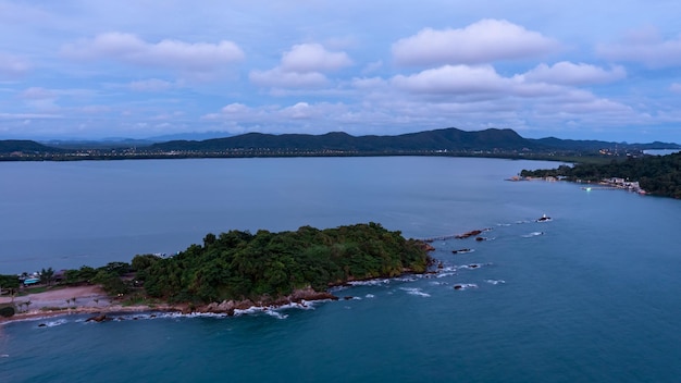 Aerial view twilight sea and landscape of Noen Nangphaya in Chanthaburi Thailand landmark and view point travel beautiful highway along with the rocky coastline mountain island chanthaburi province