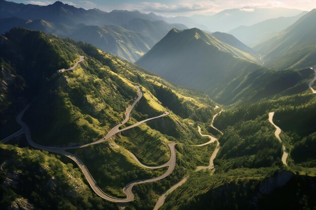 Aerial view of twisty road in the mountains