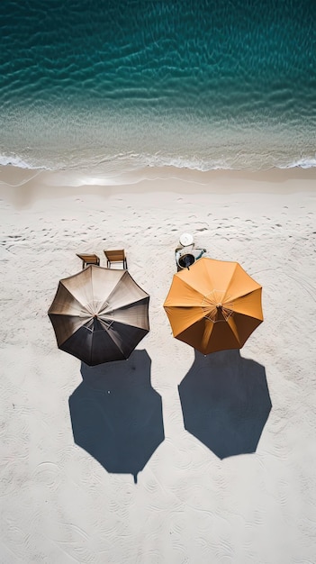 An aerial view of two beach umbrellas on a beach