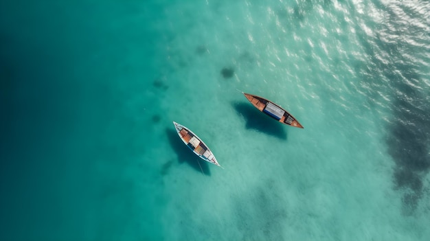 Aerial view of two boats in the water, top view.