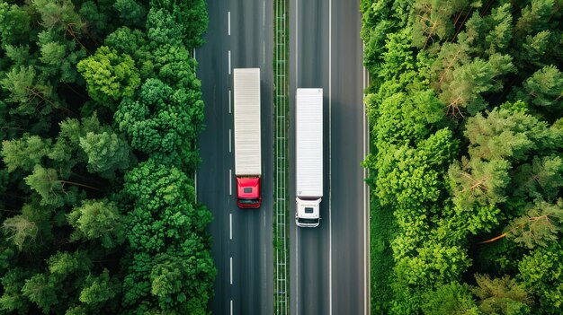 Foto vista aerea di due camion di consegna che guidano fianco a fianco su un'autostrada incorniciata da una foresta densa e lussureggiante