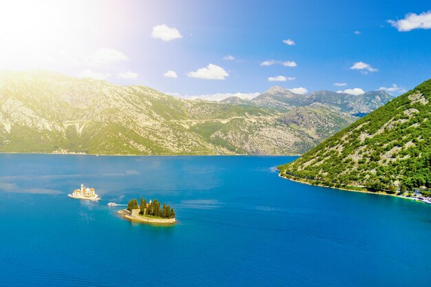 Aerial view of the two small islands with a church and an abbess