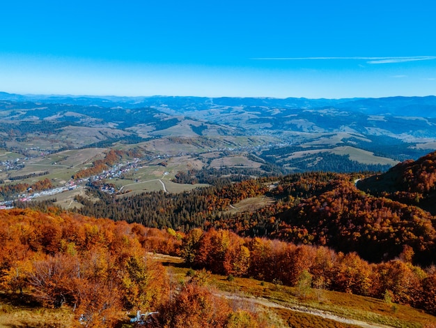 Aerial view of ukraine carpathian mountains copy space