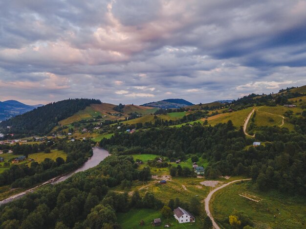 Aerial view of ukrainian carpathian village copy space