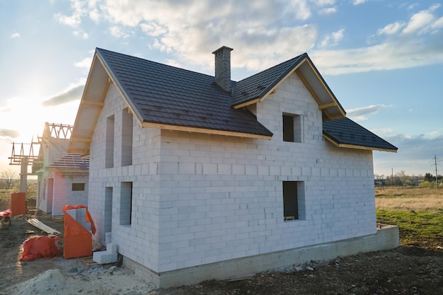 Aerial view of unfinished house with aerated lightweight concrete walls and wooden roof frame covered with metallic tiles under construction