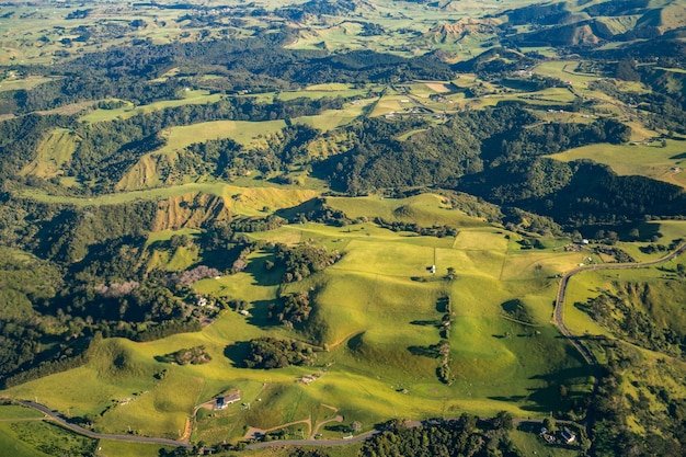 Aerial view of unique volcanic hills landscape in North Island of New Zealand.