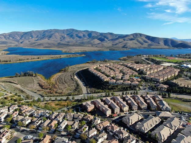 Aerial view of upper middle class neighborhood with identical residential subdivision, San Diego