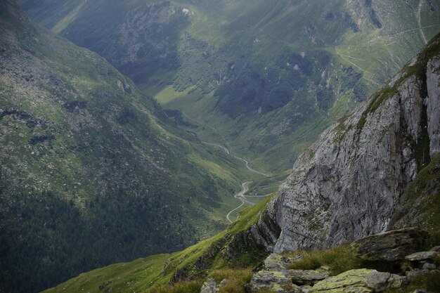 Aerial view of valley and mountains