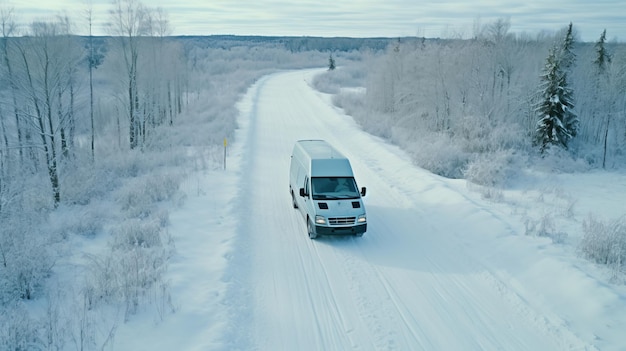 Aerial view of a van driving on a narrow snow covered road surrounded by a picturesque winter forest