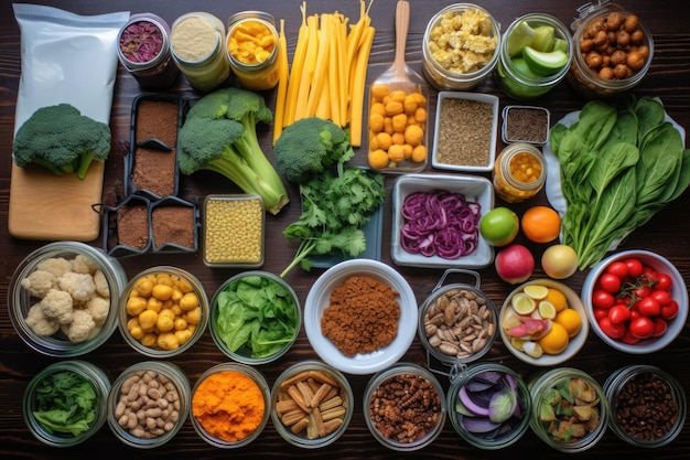 Foto vista aerea di vari ingredienti per la preparazione dei pasti vegani su un tavolo creato con l'intelligenza artificiale generativa