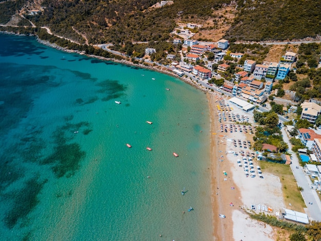 Aerial view of vasiliki beach windsurfing Lefkada island Greece