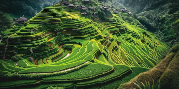 An aerial view of a vast and lush rice field