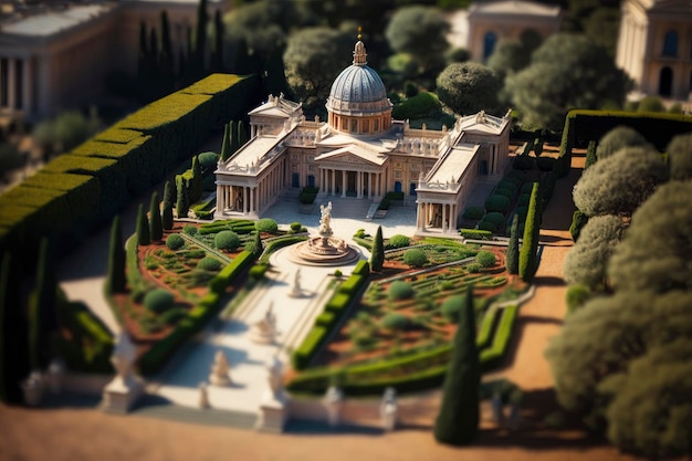 Вид с воздуха на сады Ватикана в эффекте TiltShift