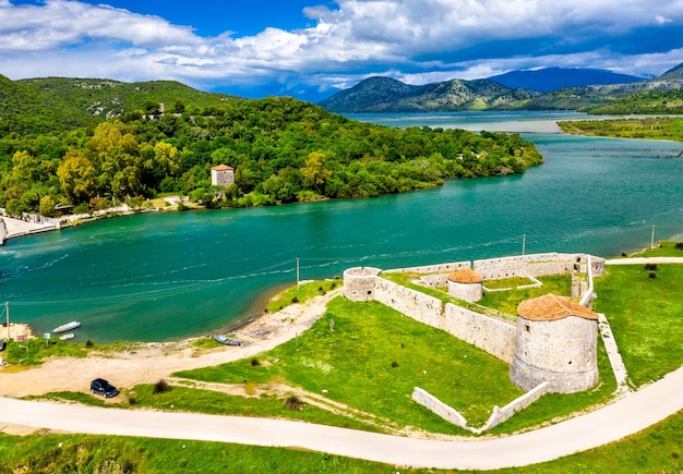 Aerial view of the Venetian Triangular Castle and the Vivari Channel at Butrint in Albania