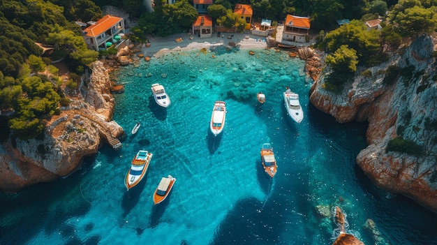 Aerial View of Vibrant Blue Waters and Docked Boats in a Cozy Turkey Cove